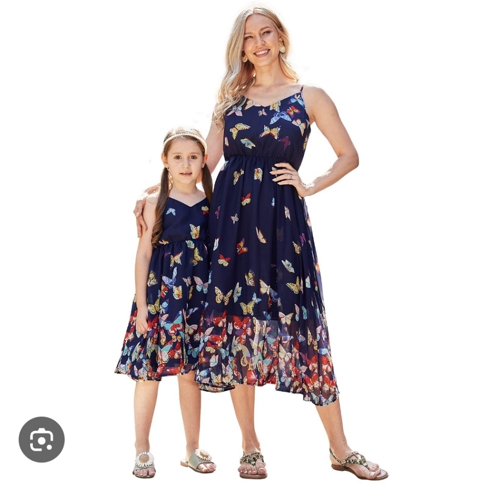 Popreal small navy blue vintage butterfly floral printed spaghetti straps dress